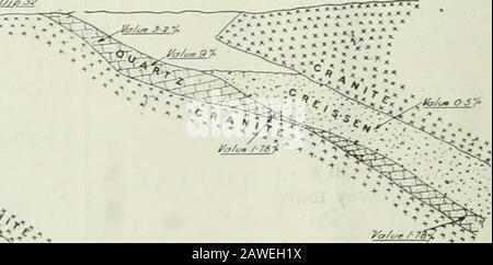 Journal - South African Institute of Mining and Metallurgy. Ern Boundary of thelLangverwacht. Lodes.-in der Nähe der Spitze des Hügels gibt es areseveral starke Auswüchse von Quarz, die Anorth-Süd-Richtung folgen und auf fünf fairlydistinct Linien auftreten, mit einer Breite zwischen den extremen von etwa 1,500 ft. Einige der Auswüchsen wurden durch Graben und Fallschächte geöffnet und zeigen die Eigenschaften echter Lodes. Der Tauchschritt erfolgt nach Osten, flach, selten größer als 35 Grad, und jedes Quarzvorkommen scheint von gut definierten Bändern hochlymichiger Greisen begleitet zu sein, meist im hängenden w Stockfoto