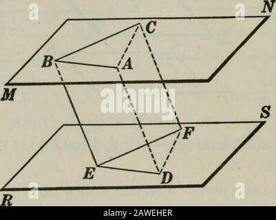 Ebene und Volumenkörpergeometrie . Gegeben II Ebenen MN und RSy und jede Ebene PQ SchnittingMN und RS in ab und CD, bzw. um ab II CD.Hint zu beweisen. Weisen Sie darauf hin, dass ab und CD nicht erfüllt werden können. 634. Cor. I. Parallele Linien, die zwischen den gleichen parallelen Ebenen abgefangen wurden, sind gleich. (Tipp. Vergleichen Sie mit § 234.)Ex. 1166. Geben Sie das Gegenteil von Prop. An VIII Stimmt das? 310 FESTKÖRPERGEOMETRIE PROPOSITION IX Theorem 635. Wenn zwei Winkel J nicht in der gleichen Ebene liegen, haben sie die Seiten parallel und liegen auf der gleichen Seite der Linie, die ihre Scheitelpunkte verbindet, sie sind gleich-*. Z ABC in Ebene MN und Z DEF in Ebene RS mit angegeben Stockfoto