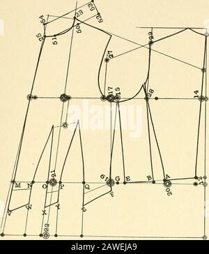 Merz's praktisches Schneidesystem für Damenjacken und -Umhänge .. . das gleiche gilt für 12 bis A; von E bis 19 ist die Bilanz der hinteren Weste. Zeichnen Sie die Linien von 28 bis A, von 28 bis B. von 15 bis E und von 15 bis 19. Bei 28 schwenken und die Länge A nach B übertragen; bei 15 schwenken und die Länge E auf 19 übertragen. Die Darts sind die gleichen wie in Diagramm IV Danach werden die vorderen Abnäher ausgeschnitten und die Taillenlinien eingekerbt, die Abnäher zusammen gelegt, N bis O und P bis O, um die Linie von F (d. H. I Zoll tiefer von 19) auf die gewünschte vordere Länge, V zu zeichnen; dadurch werden W, X, Y und Z ZUM AUSZIEHEN DES S FESTGELEGT Stockfoto