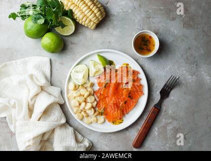 Tiradito de Lachs - peruanisches Gericht mit rohem Fisch, Carpaccio Stockfoto