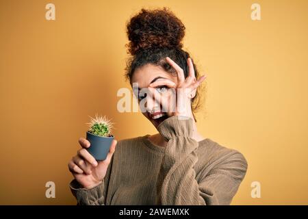 Junge schöne Frau mit lockigen Haaren und stechenden Haltestopf mit Kakteenpflanze mit fröhlichem Gesicht lächelnd, dabei ok Schild mit Hand auf Auge durch Stockfoto