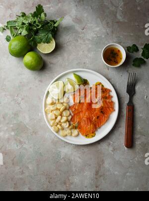 Tiradito de Lachs - peruanisches Gericht mit rohem Fisch, Carpaccio Stockfoto