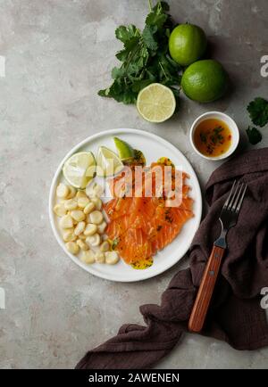 Tiradito de Lachs - peruanisches Gericht mit rohem Fisch, Carpaccio Stockfoto