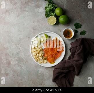 Tiradito de Lachs - peruanisches Gericht mit rohem Fisch, Carpaccio Stockfoto
