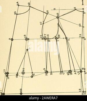 Merz's praktisches Schneidesystem für Damenjacken und -Umhänge .. . als F bis G. Von H bis I ist 34 Zoll kleiner als I bis K. Die Führungslinien von K nach A und von Kto B, von H nach E und von H nach F zeichnen, Die Höhe des Husts beträgt 14 Zoll, die vordere Weste 21 % Zoll. Messen Sie zunächst zwischen 5 und 4, das sind 2 Zoll, und zwischen 23 und L ist die Balance der erforderlichen 14 Zoll. M ist das Gleichgewicht der Taillenlänge vorne. 2i-&gt;4 Zoll.L ist 3^ Zoll innerhalb der vorderen Führungslinie für alle Zugluft.Von 10 bis M ist 34 Zoll; von M bis N 3/^ Taille und 34 Zoll. Vordere Taille Stockfoto