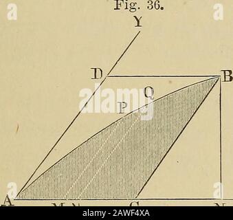Analyselemente, die auf die Mechanik von Maschinen und Maschinen angewendet werden. ^^^ Mx C hat nun die Fläche eines solchen Oberflächenelements ^ -J. J/Y=(y-f i dy) dx = ydx, g^=(5^ + ^^"^ der Bereich der gesamten Fläche F kann durch Integration des differentiellen ydx gefunden werden, wodurch F =f ydx gesetzt wird.Beispiel: Für eine Parabel mit dem Parameter p haben wir y^ =px, und damit die Oberfläche derselben: / 3 Vp^dx = Vpj xdx = --3--- = I ^ V px^ F xy. Die parabolische Oberfläche ab G ist also zwei Drittel der rec-tano-le AGB1), die sie umschließt. ARTIKEL 29.] ELEMENTE DER ANALYSE. 43 Diese Formel ist auch anwendbar Stockfoto
