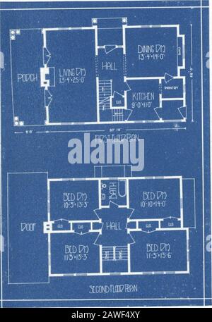 Architekturökonomie, Vol1. Zweistöckiges Haus Nr. 4005. Das Zweistöckige Colonial Country Home mit sieben Räumen - Außenabmessungen sind 26 Fuß mal 37 Fuß 10 Zoll. Die vordere Veranda verläuft die Breite des Hauss und ist 9 Fuß tief. Mit dem seitlichen Eingang sind die Wohn- und Esszimmer durch eine Empfangshalle getrennt.Vier Schlafzimmer mit jeweils einem schrank und ein Bad vervollständigen die Anordnung des oberen Stockwerks. Mm mm m i Diese Ansicht zeigt eine unvorstellbare und dennoch neatarrangement von Empfangshalle mit Treppe. Otherideas, um diese Situation zu behandeln, finden Sie im Millwork Abschnitt von theSuggestions Toho Stockfoto