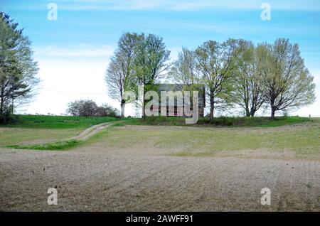 Die alte rustikale rote Scheune befindet sich auf einem Hügel in Michigan USA Stockfoto