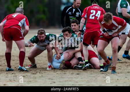 Southern Pines, North Carolina, USA. Februar 2020. 8. Februar 2020 - Southern Pines, N.C., USA - MenÃs Carolinas Geographic Rugby Union Action zwischen den Southern Pines und Asheville Rugby im National Athletic Village. Southern Pines besiegte Asheville 36:20. Gutschrift: Timothy L. Hale/ZUMA Wire/Alamy Live News Stockfoto