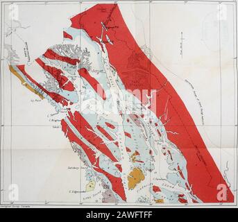 Reiseführer für Ausflüge in Kanada1-10 . Geologische Untersuchung, Kanada. Route Map zwischen Prince Rupert und Frederick Sound Milben I 7 I recti  i Tertiäre Sandsteine und BasaltsMesozoikum [   Paläozoik-Dampfer rou Jt.hyftres, , " . RE iv *&gt;. Legend I n I Recent I *&lt; I Levas and Tuffs i M 1 Mesozoic I ^ I paleo zu/f Steamer Rout Route Map between Frederick Sound and Ska&Way Stockfoto