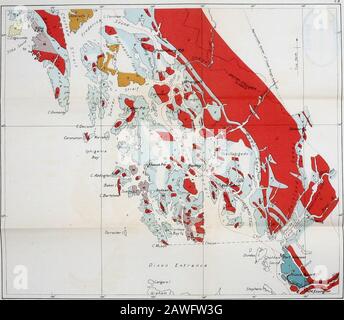 Reiseführer für Ausflüge in Kanada1-10 . Tnassic Triassic. M Teil, Pa.laepz.oic Geological Survey, Kanada. Routenplan zwischen Calvert Island und Prince Rupert. Geologische Untersuchung, Kanada. Route Map zwischen Prince Rupert und Frederick Sound Milben I 7 I recentiti  i Tertiäre Sandsteine und BasaltsMesozoikum [   Paläozoik-Dampfer rou Jt.hyftres, " . RE iv *&gt; Stockfoto