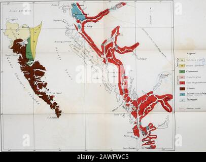 Reiseführer für Ausflüge in Kanada1-10 . Legende Kreidezeit Jurassic Coast Range Batholith Triassic, teilweise. Upper Palaeozoic CZ I Paleozoic1J undiv.ded J Damper ROU Route Map zwischen Vancouver und Calvert Island *-*????* 1 2. *&gt; V V. Tnassic Trias. M Teil, Pa.laepz.oic Geological Survey, Kanada. Routenplan zwischen Calvert Island und Prince Rupert Stockfoto