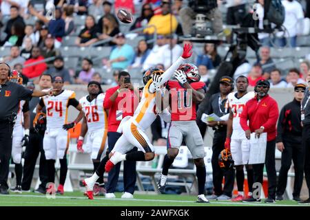 Houston, Texas, USA. Februar 2020. Houston Roughnecks Wide Receiver Sammie Coates (10) schaut, um einen Pass zu fangen, während er von LA Wildcats Cornerback Jaylen Dunlap (20) während des regulären Saisonspiels der XFL zwischen den Houston Roughnecks und den Los Angeles Wildcats im TDECU Stadium in Houston, TX am 8. Februar 2020 verteidigt wird. Kredit: Erik Williams/ZUMA Wire/Alamy Live News Stockfoto