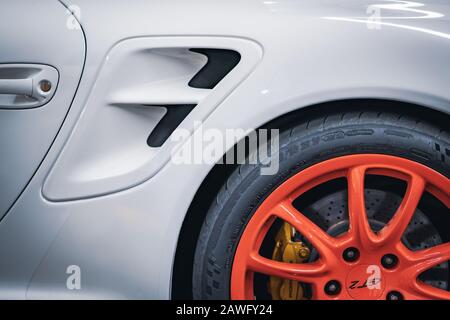 Detail der Rückseite eines Porsche 997 GT2-Wagens Stockfoto