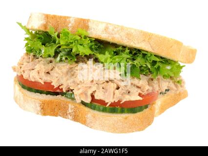 Thunfisch und Salat gefülltes Sandwich in dickem Weißbrot isoliert auf weißem Hintergrund Stockfoto