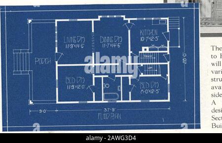 Architekturökonomie, Vol1. Story and a Half Home Nr. 3004 THIS Home is 28 feet by 37 feet 9 inch, witha 9-foot Front Porch. Es verfügt über das durchschnittliche Wohn-, Esszimmer und Küche, mit zwei Schlafzimmer und einem Bad, die letzten drei erwähnten vom Wohnzimmer durch einen Flur getrennt, wo der Eingang nur vom Esszimmer ist. Der Bau dieses Hauses macht es unwirtschaftlich, zu bauen. Stockfoto