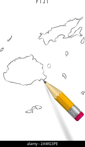 Fiji Freihandbleistift Skizze Karte isoliert auf weißem Hintergrund. Leere, handgezeichnete Vektorkarte von Fiji. Realistischer 3D-Bleistift mit weichem Schatten. Stock Vektor
