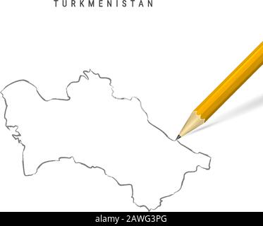 Turkmenistan Freihandbleistift Skizze Karte isoliert auf weißem Hintergrund. Leere, handgezeichnete Vektorkarte Turkmenistans. Realistischer 3D-Bleistift mit so Stock Vektor