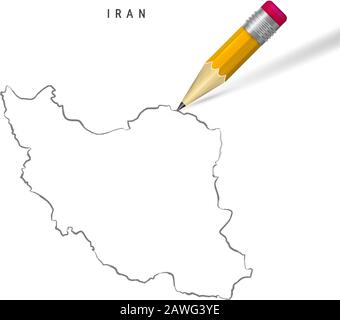 Iran Freihandbleistift Skizze Karte isoliert auf weißem Hintergrund. Leere, handgezeichnete Vektorkarte des Iran. Realistischer 3D-Bleistift mit weichem Schatten. Stock Vektor