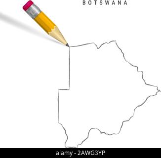 Botsuana Freihandbleistift Skizze Karte isoliert auf weißem Hintergrund. Leere, handgezeichnete Vektorkarte von Botswana. Realistischer 3D-Bleistift mit weichem shado Stock Vektor