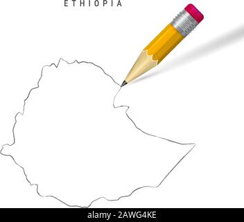 Äthiopien Freihandbleistift Skizze Karte isoliert auf weißem Hintergrund. Leere, handgezeichnete Vektorkarte Äthiopiens. Realistischer 3D-Bleistift mit weichem shado Stock Vektor