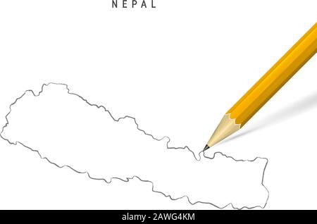 Nepal Freihandbleistift Skizze Karte isoliert auf weißem Hintergrund. Leere, handgezeichnete Vektorkarte von Nepal. Realistischer 3D-Bleistift mit weichem Schatten. Stock Vektor
