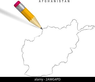 Afghanistan Freihandbleistift Skizze Karte isoliert auf weißem Hintergrund. Leere, handgezeichnete Vektorkarte Afghanistans. Realistischer 3D-Bleistift mit weich Stock Vektor