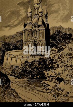 Domkirche und Rheinkirche . T. G REEK-KAPELLE, WIESBADENER Kathedrale und Kirchen der Rheinkapelle wurden vom Kaiser von Russland durch den Großfürsten, Adolf von Nassauto, als Mausoleum der Herzogin Eliz-Abeth von Nassau, einer russischen Prinzessin, errichtet. Diese schöne Denkschrift war auch die Arbeit von diessem Hoffmann, und obwohl bizarr und unschön aus gewisser Sicht, ist sie eine sehr erfolgreiche Verpflanzung eines exotischen. Stockfoto