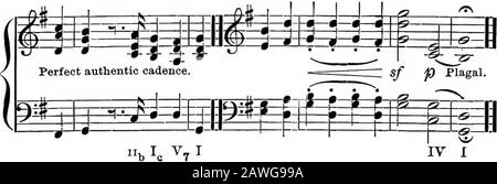 Harmony Simplified, eine praktische Einführung in die Komposition. Eteclose. (Siehe Kapitel IV.) Nur die perfekte authentische CA-dence tut dies. Die schwächeren Kadenzen werden verwendet, um die Position in rhythmische Teile zu unterteilen, normalerweise vier Takte in der Länge. Jede Akkordeprogression kann als Trittfrequenz verwendet werden. Aber Certagenone verleihen sich leichter als andere für eine solche Anwendung, und jegliche Progression, die als Kadenz verwendet wird, wird sehr stark von der Aneinanderreihung im Rhythmus beeinflusst. Im folgenden sind die wichtigsten Kadenzen aufgeführt: A.-V oder V, zu I, genannt The Authentic. Abbildung 73, a. Alsothe letzte Kadenz in der Hymnen-Melodie Ol Stockfoto