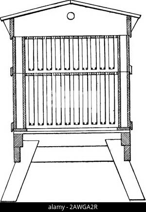 Das praktische Notizbuch des britischen Bienenhalters, gefolgt von einer Beschreibung des W.B.Chive und seiner Herstellung, einem hausgemachten Hive aus gebrauchten Kisten, wie man ein Bienenhaus baut, und kurzen Regeln für das Management beweglicher Kamm-Nesseltiere. Abschnitt in Zeile A. 6. Felder, die die erforderlichen Felder ausfüllen. Die Plintlis sind auf den Innenseiten abgeschrägt, wie dargestellt. Es wird beobachtet, dass die Endstücke oder Kei-bs ein Zoll dick sind; dies ist notwendig, um die schmalen Flapsto zu hangen, von denen eine teilweise offen gezeigt wird, die andere heruntergefahren. Diese Klappen dienen hauptsächlich zum abdecken der freiliegenden Enden von Oberstäben und zum halten der Th Stockfoto