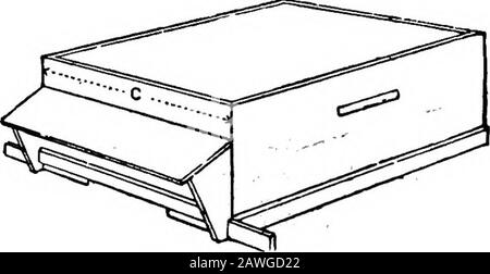 Das praktische Notizbuch des britischen Bienenhalters, gefolgt von einer Beschreibung des W.B.Chive und seiner Herstellung, einem hausgemachten Hive aus gebrauchten Kisten, wie man ein Bienenhaus baut, und kurzen Regeln für das Management beweglicher Kamm-Nesseltiere. Abb. 1.-Bodenplatte. Eine Ölskizze misst 20 Zoll, und die Breite an B beträgt 19^ Zoll. Die aus der Höhenführung hervorgehenden Vorsätze 7 Zoll über den Punkt A. Die Form des Eingangs, wie in der Skizze zu sehen, erklärt sich; sie ist 15 J in.Long von J in. Hjgh. Das Äußere Gehäuse, einschließlich des Dachs, besteht aus drei Teilen, dem ersten aus. Abb. 2.-Äußeres Gehäuse, wie in der Abbildung dargestellt (Abb. 2). Vorder- und Rückseite Stockfoto