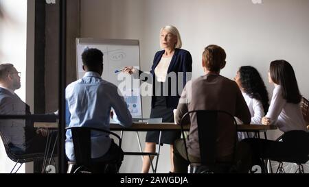 Der gealterte Trainer unterrichtet verschiedene Mitarbeiter während der Firmenschulung im Vorstandssaal Stockfoto
