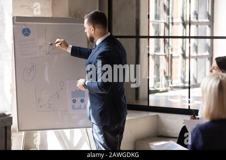 Coachen Sie das Schreiben von Informationen in Form eines Diagrammdiagramms auf dem Flipchart Stockfoto