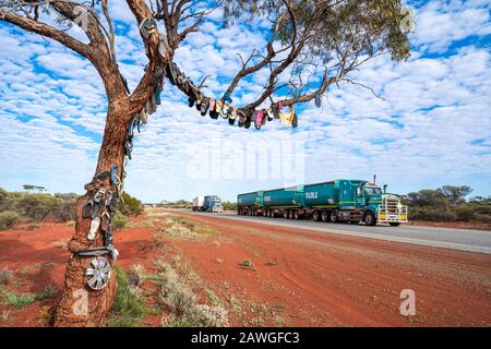 Sattelauflieger, der Great Northern Highway führt und einen Tangbaum in der Nähe von Paynes Find, Western Australia passiert Stockfoto