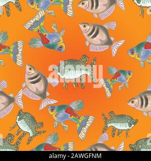 Nahtlose Fischdesign-Kunstdekoration, Illustration. Stock Vektor