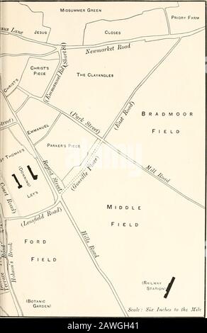 Township und BoroughTogether mit einem Anhang von Notizen zur Geschichte der Stadt Cambridge. SKIZZE MIT TOWNWARD-GRENZE. Skala: 6 Zoll zur Meile Y DER CAMBRIDGE FELDER IM Jahr 1800 Der Agrarian Plan. 107 Traversed Parkers Piece, biegen Sie links auf die Park Side and Parkers Street in Richtung Stadtzentrum ab. Fahren Sie in der Emmanuel Street mit dem Stück "Christs" auf der linken Seite, und fahren Sie dann über die Short Street zur Newmarket Road. Links ein paar Yardsalong diese Straße. Dann runden Sie die Grenzen des Jesus closeswith Midsummer Common auf der rechten Seite ab, bis Sie am Anfang der Lower Park St sind Stockfoto