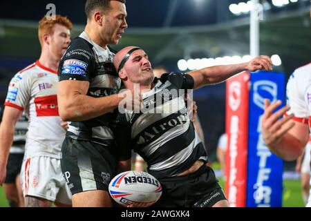 Februar 2020, KC Stadium, Hull, England; Betfred Super League, Hull FC gegen Hull Kingston Rovers: Danny Houghton (9) von Hull FC feiert seinen Versuch Stockfoto