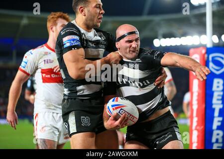 Februar 2020, KC Stadium, Hull, England; Betfred Super League, Hull FC gegen Hull Kingston Rovers: Danny Houghton (9) von Hull FC feiert seinen Versuch Stockfoto