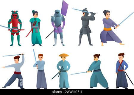 Samurai-Symbole festgelegt. Cartoon-Set mit Samurai-Vektorsymbolen für das Webdesign Stock Vektor