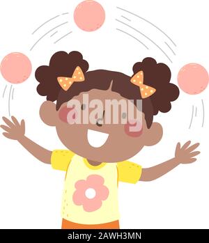 Illustration eines afroamerikanischen Kid Girl Juggling Three Balls Up in the Air Stockfoto