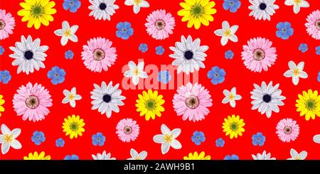 Vektor Hintergrund pink mit Blume. Nahtloses, einfaches Blumenmuster auf rotem Hintergrund. Scharlachrote Farbe. Stock Vektor