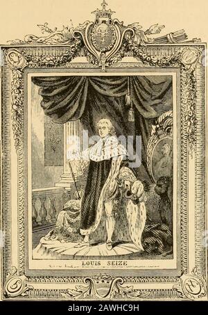 Mount Vernon und seine Verbindungen, historisch, biografisch und bildhaft . xgtox, in friedliche Farbtöne, Wo kein uuliallowd Wunsch eindringt, Retird aus Kriegsgebieten. Humphreys brachte ihn aus Frankreich mit auf die Spezialität(j[uest des Königs, ein Zeichen seiner christlichen Majestyssage für Washington. Es handelte sich um eine Gravur eines volllängs gezogenen Königstittes, Ludwig XVI., in seinen Staatsgewändern, umschlossenem ina-prächtigen vergoldeten Rahmen, der ausdrücklich für den Anlass angefertigt wurde. Auf dem Dach, umgeben von entsprechenden Emblemen, befinden sich die königlichen Armsvon Frankreich und unten die Arme der Washingtonfamilie. In den Ecken Stockfoto