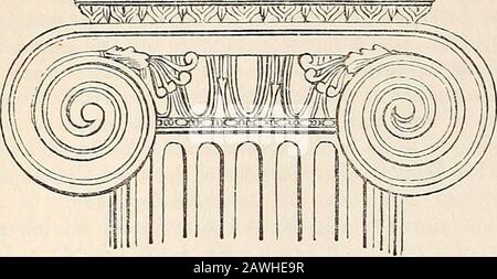 Ein Wörterbuch der griechischen und römischen Antiquitäten. . kehlig im Thekapital, wie im folgenden Holzschnitt dargestellt, der eine ionische Hauptstadt darstellt, die in den Ruinen des Dionysos bei Teos gefunden wurde. Noch feinere Beispiele finden sich in den Kapitellen der Tempel von Echtheusand Athene Polias in Athen, wo sie auch an den Seiten der Voluten zu sehen sind. Es wird auch oft in der Gebälk als Kanten zu den Unterteilungen von Kornice, Fries und Architrave verwendet. Die Unterfigur im Holzschnitt stellt einen Teil des Theastragals dar, der unterhalb der krönenden Moldingdes Architravs des Tempels von Echthe verläuft Stockfoto