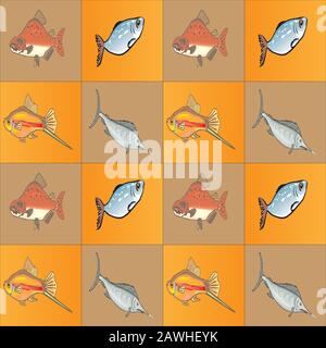 Nahtlose Muster mit Fischen. Hand gezeichnete Unterwasserwelt. Bunte künstlerischen Hintergrund. Aquarium. Einsetzbar für Tapeten, Textilien, Verpackung, Karte, Stock Vektor