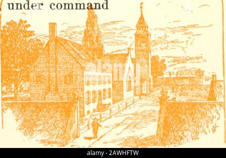New Jersey als Kolonie und Staat: Einer der ursprünglich dreizehn . über den von der Insel gepunkteten Sümpfen, in denen Jersey City wassome Day aufstehen wird, und hinunter seine lange Straße, oftenstide-gefegt, so spät wie der Revolutionärskrieg, zum Sandspieß am Paulus Hook. Jenseits lagen ThehHudson und die Baumgirt-Ufer von ManhattanIsland und im blauen Dunst die Tiefebene von Brooklyn. Durch die Unwissenheit und Dummheit Des Regierenden - oder William Kieft wurden die frühen Annalen von Jersey Citywaren von einer schrecklichsten Tragödie befleckt. Die TheTappan-Indianer der näheren Umgebung waren am friedlichsten und wurden von einem Nordstamm belästigt. Stockfoto