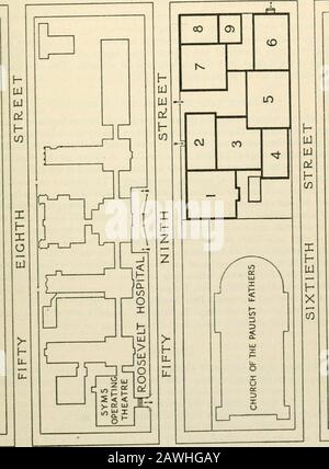 Mitteilungen der Columbia University: Ankündigung . und nördlich von Der Neunundfünfzig Straße, der Amsterdam Avenue und Der Sechstel Street, die unmittelbar gegenüber dem Roosevelt Hospital liegen. Das College ist von allen Teilen der Stadt aus leicht zugänglich. Und es gibt große Schwierigkeiten, die Abteilungen der Universität in MorningsideHeights und die verschiedenen Krankenhäuser zu erreichen, in denen Unterricht erteilt wird. Die 50-ninthStreet Crosstown Autos passieren das College. Der Bahnhof der Elevated RailroadCompany, an der Ecke Der Neunundfünfzig Straße und der Ninth Avenue, ist nur halb gesperrt Stockfoto