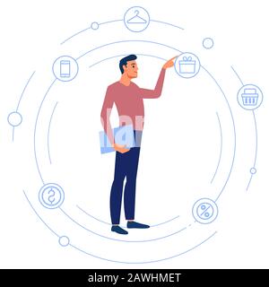 Online-Webinar. Freundlicher junger Manager, der an Online-Meetings oder Konferenzen, Remote-Bewerbungsgesprächen und Fremdsprachen teilnimmt Stock Vektor