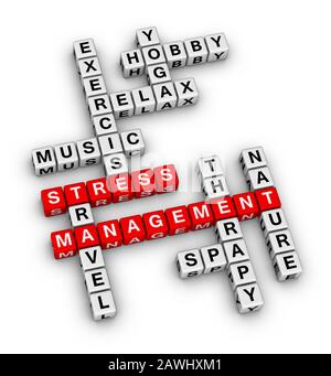 Stress Management Word Cloud. 3D-Würfel Kreuzworträtsel auf weißem Hintergrund. Stockfoto