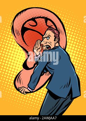 Geheimnisse und Gerüchte Konzept. Ein Mann flüstert ein Geheimnis ins große Ohr Stock Vektor