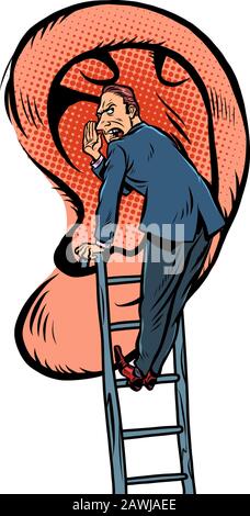 Ein Mann erzählt ein Geheimnis. Steht auf der Treppe in der Nähe des großen Ohrs Stock Vektor